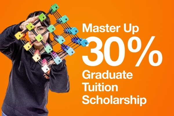 Text that reads: Master Up 30% Graduate Tuition Scholarship.