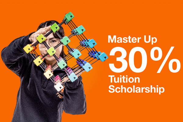 Text that reads: Master Up 30% Tuition Scholarship.