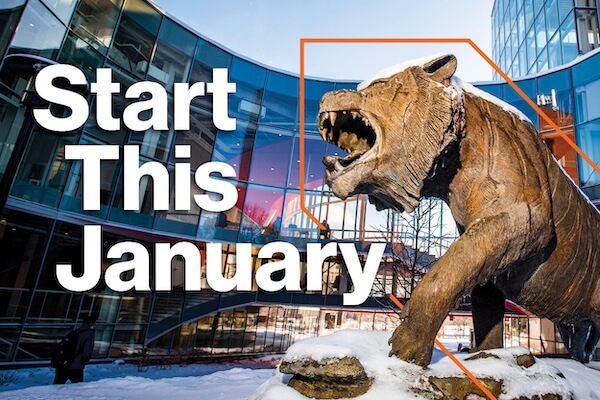 A dynamic photo of the RIT Tiger statue in front of the SHED building with the text 'Start This January' overlayed.