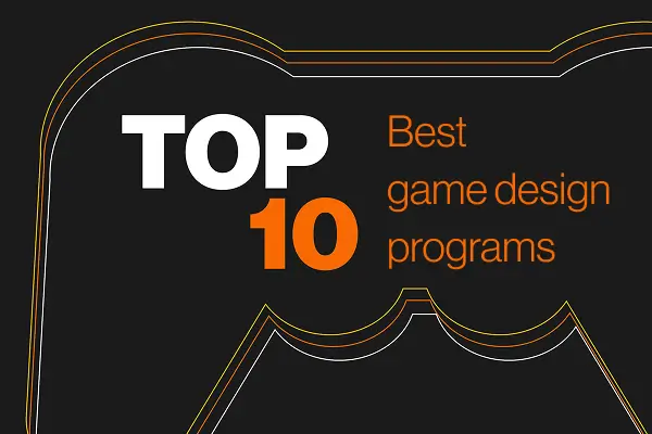 An outline of a video game controller with text that reads: Top 10 Best game design programs.