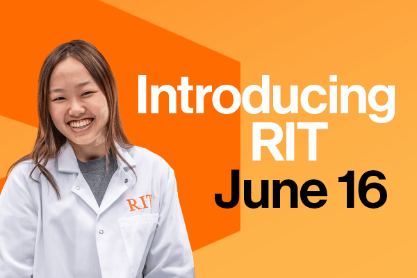 Student in a lab coat next to text that reads 'Introducing RIT, June 16'