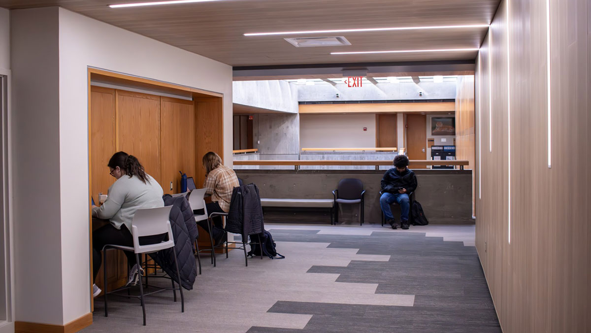 students studying in a small common area.