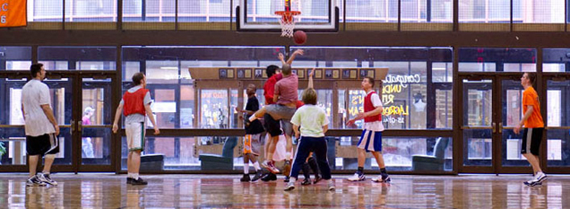 Students playing basketball.