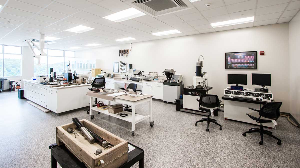 Interior of the Materials Science Lab, showing multiple work stations and several pieces of equipment.
