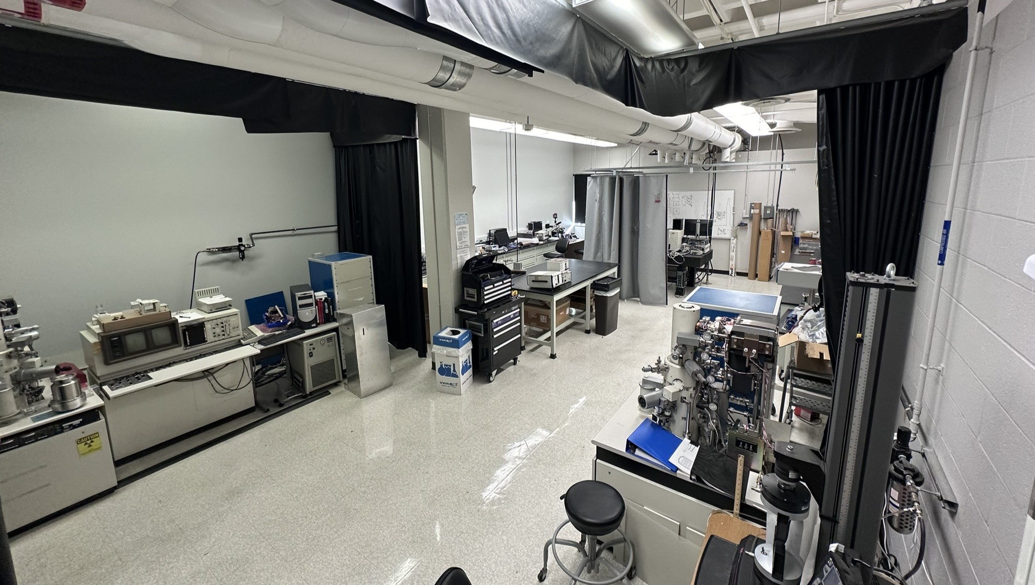 Overhead view of the Nanomaterial Characterization Lab showing lab benches with insturmentation