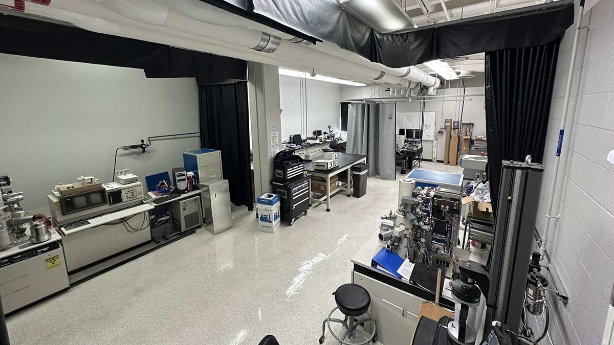 a lab with benches of instrumentation.
