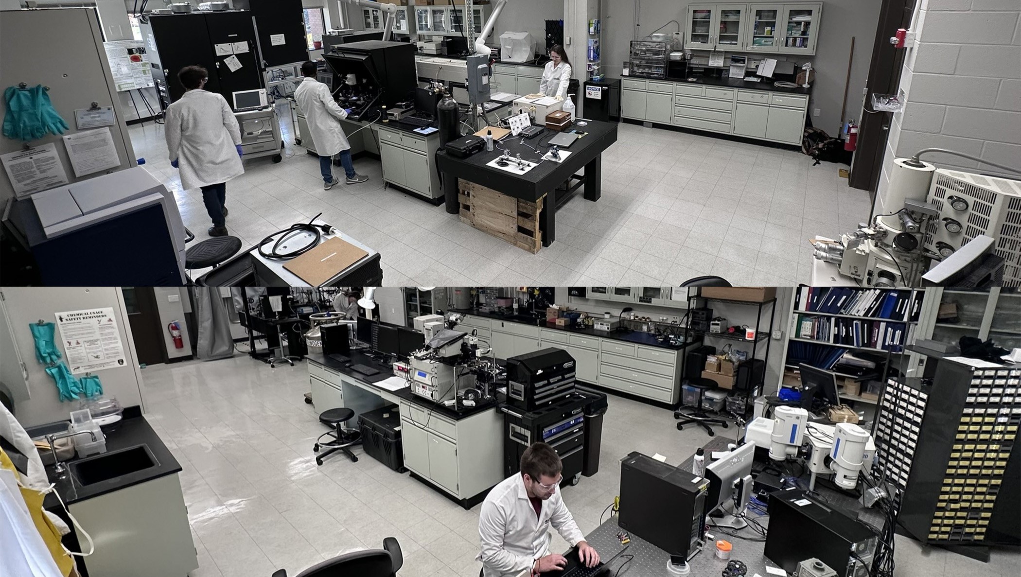 A split picture overhead view of the Optoelectronics Characterization Lab. The top having 3 people working around a centralized lab bench, the bottom having  a person sitting at an optical table with computers and instrumentation in front of  him and lab benches behind him. 
