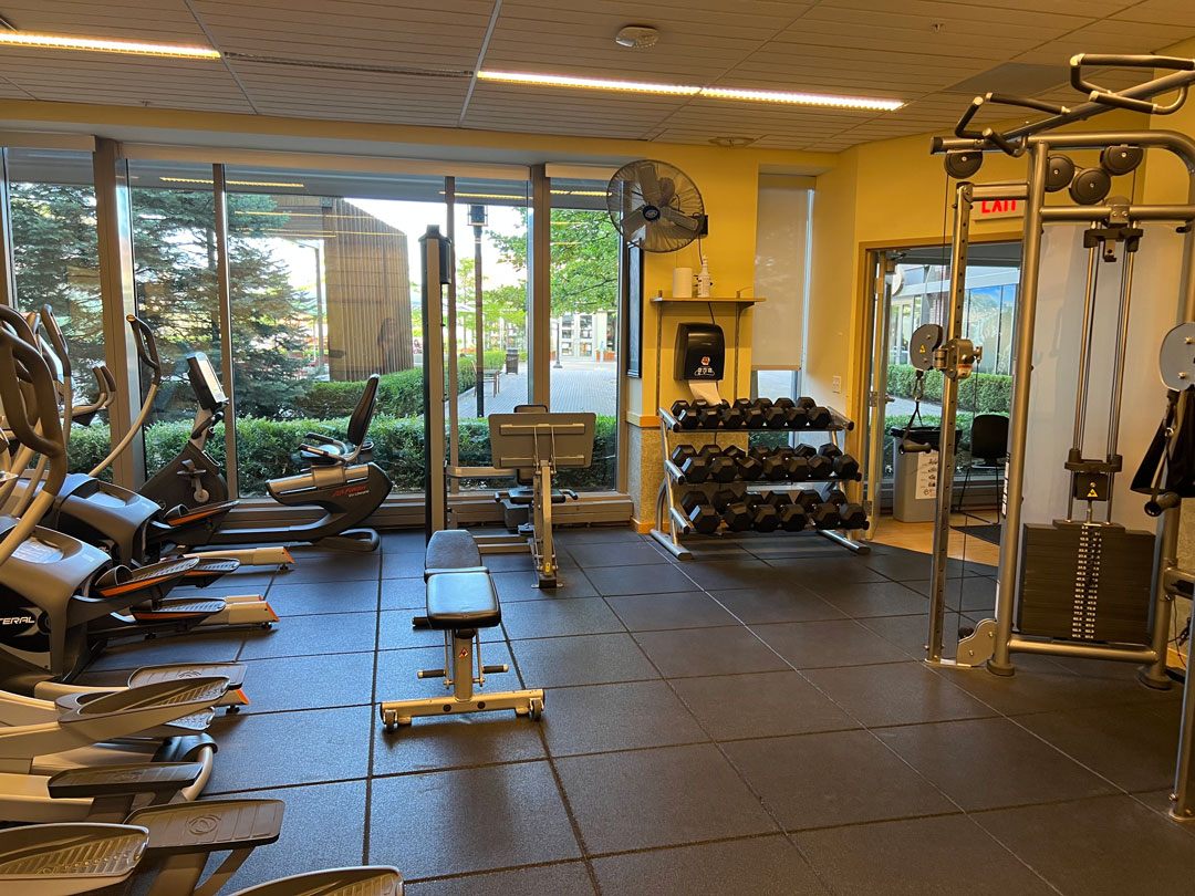 Free weights, stair stepper and workout bench