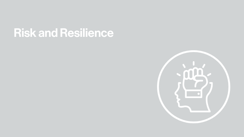 gray background image with icon of a brain and a fist and text that says risk and resilience