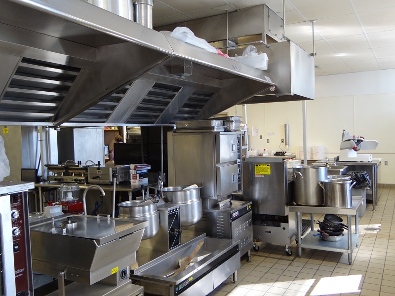 Industrial kitchen setup with stainless steel appliances