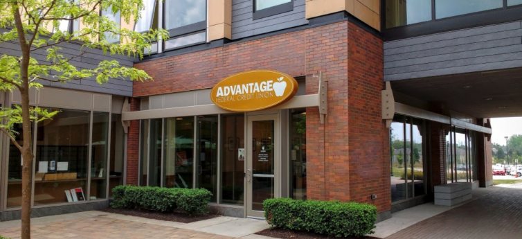 Front facing view of the Advantage FCU building in Global Village