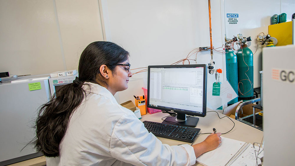 Researcher analyzing data on a computer.
