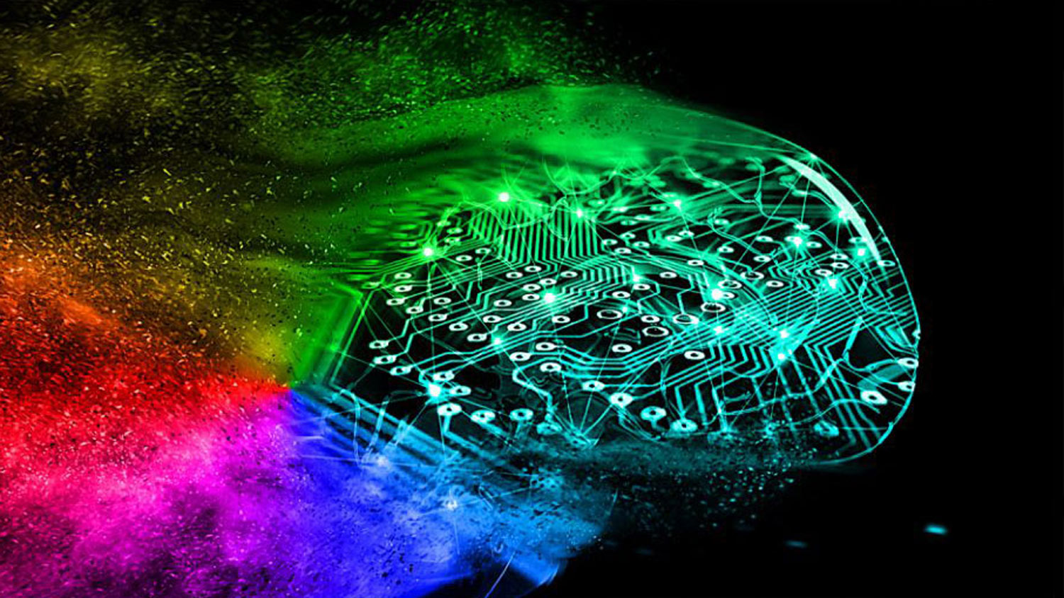 A color burst of red, pink, blue, and green, merging into a network of dots and lines that mimic a circuitboard.