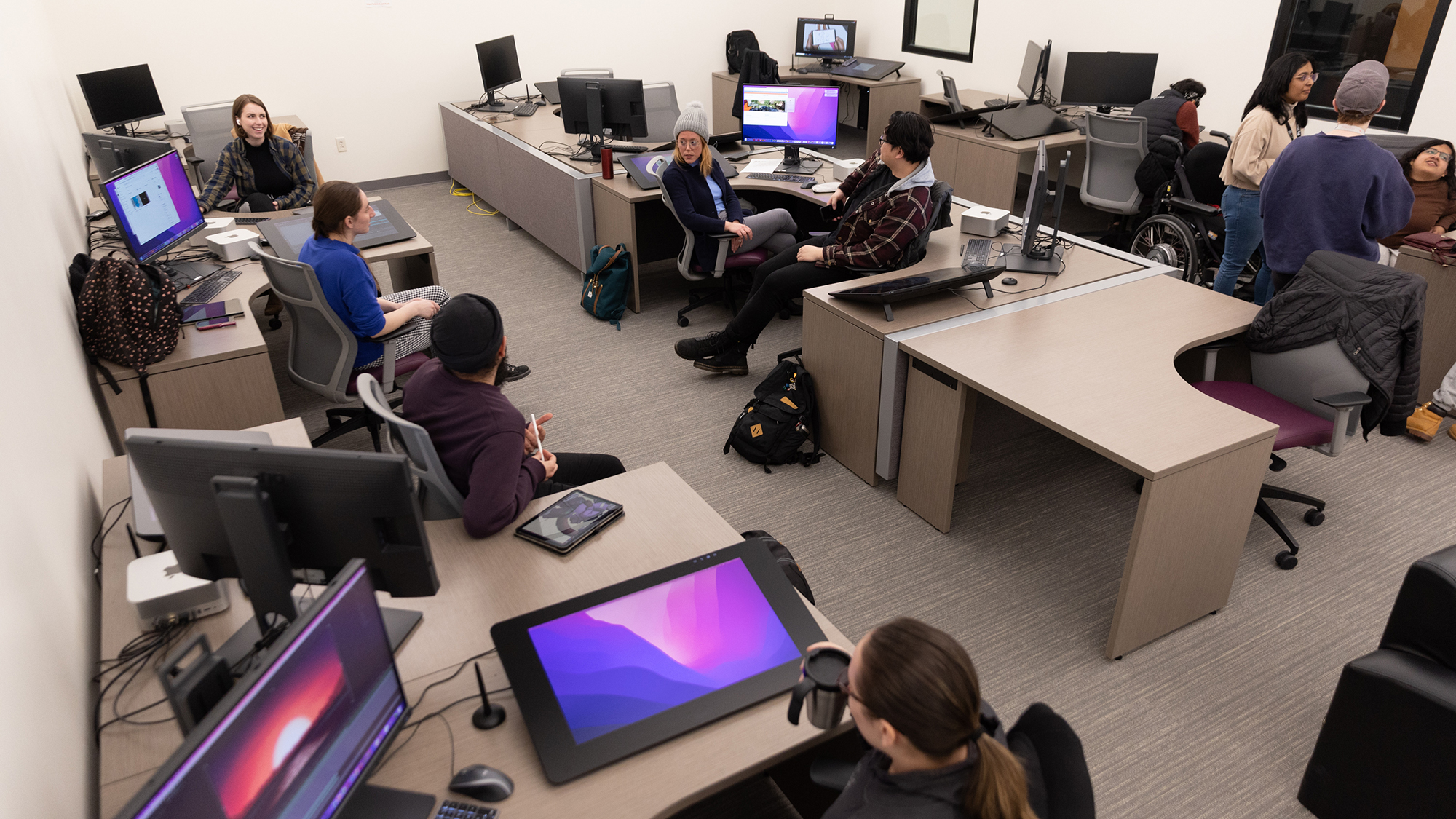 A wide view of the RIT animation graduate lab.