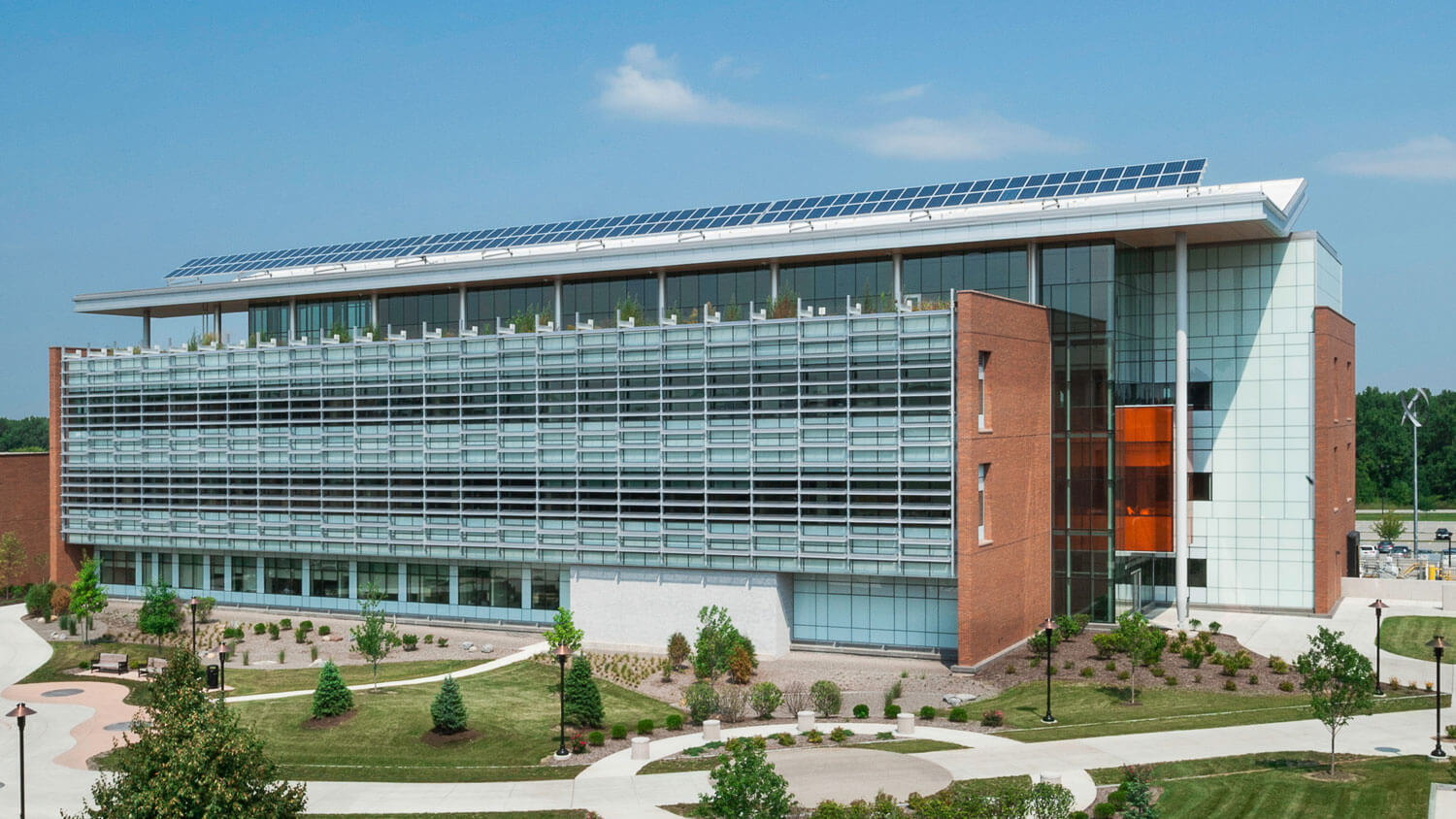 Exterior of Sustainability Hall, showing the solar panels on the roof.
