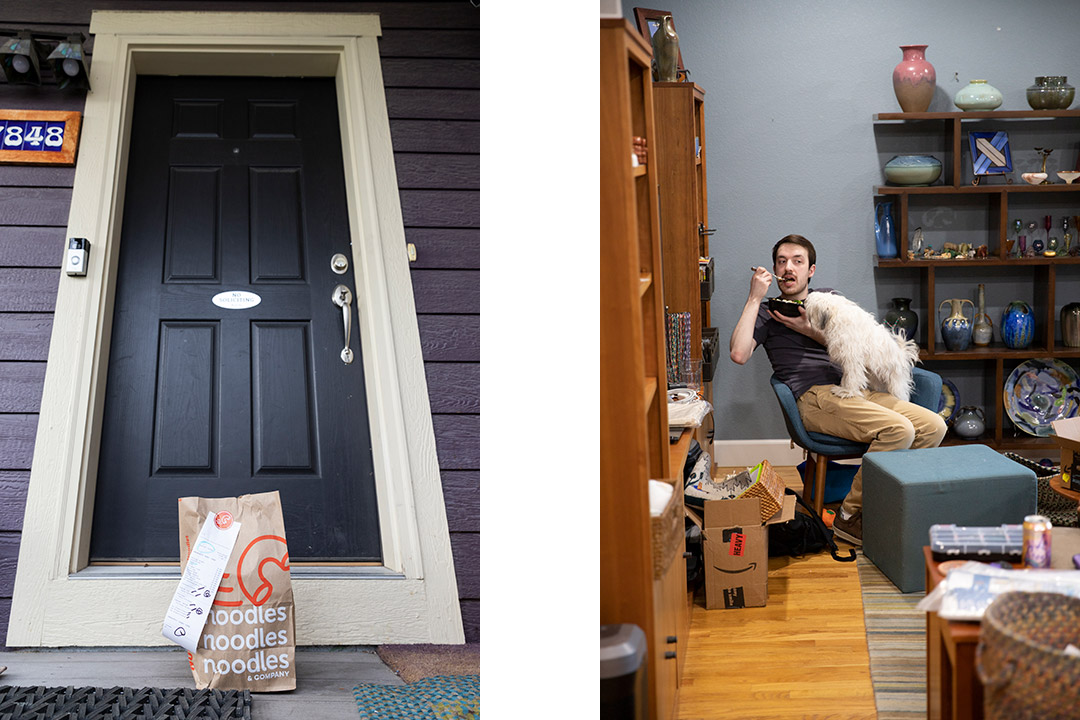 two vertical images: one of a food delivery sitting on a front step, the other of student sitting in office chair with dog on his lap eating from a bowl.