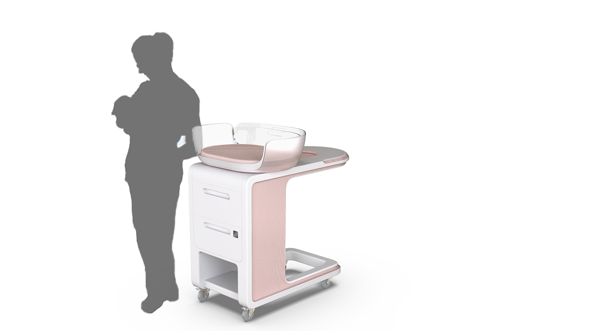 A silhouette stands next to a bassinet design on wheels.