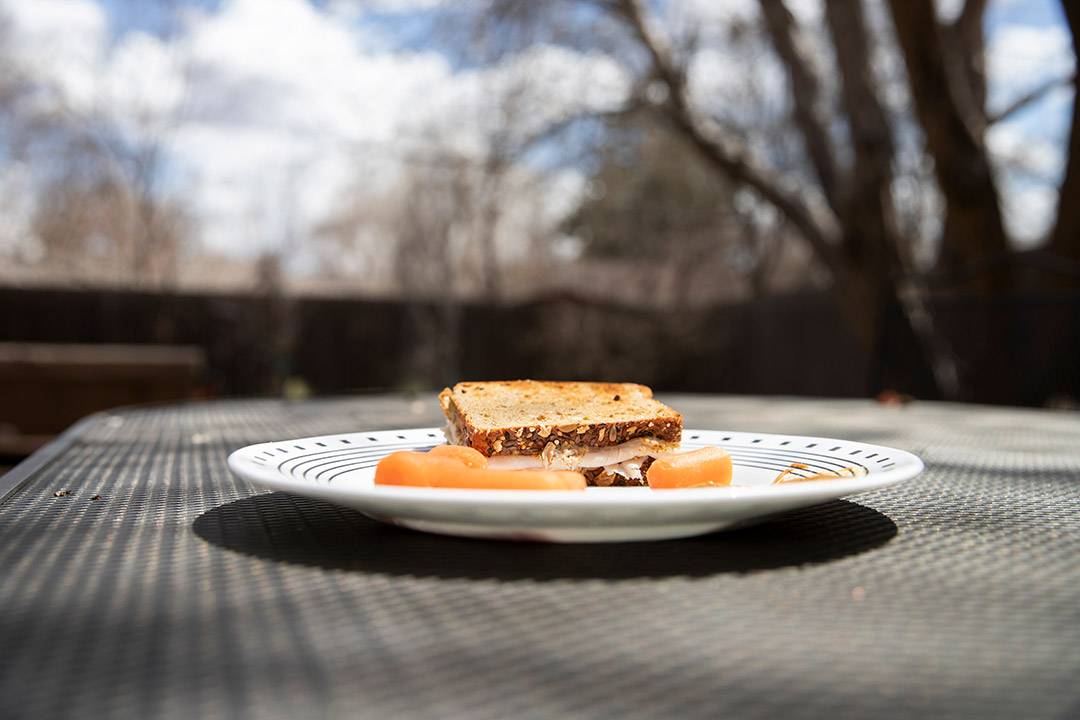 a sandwich on a plate on a picnic bench.