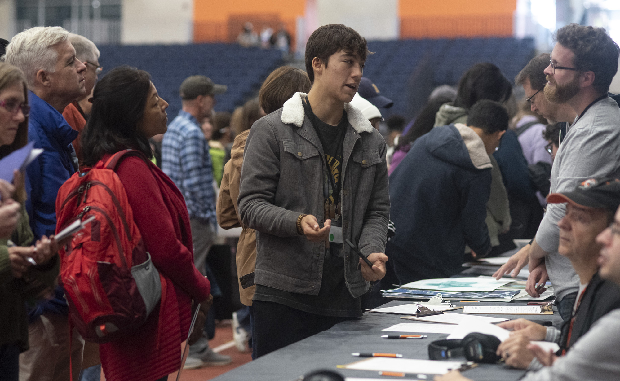 A student chats with Jesse O'Brien, faculty in the School of Film and Animation.