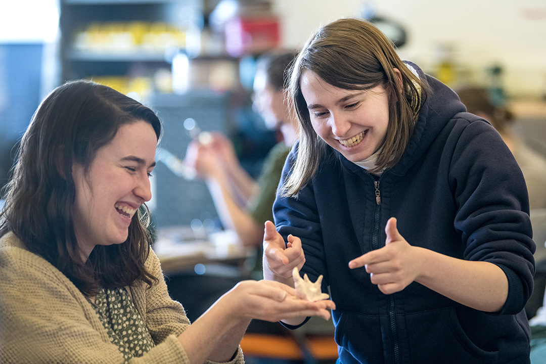 ALTTEXTPerson holding a shell with another pointing at it in a classroom.