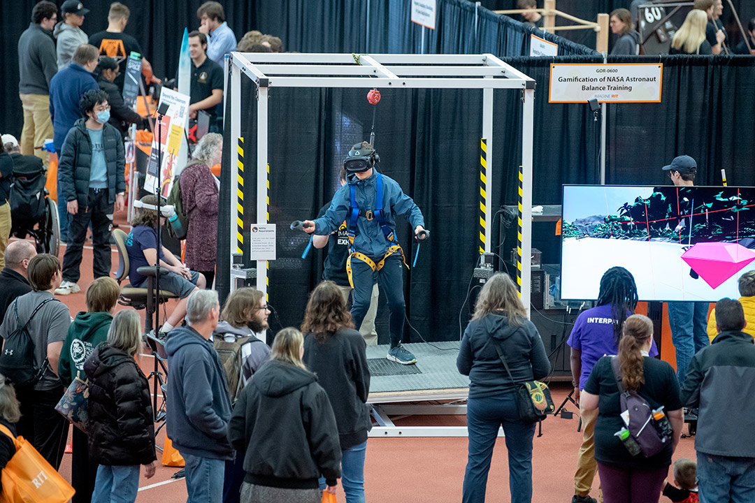 person using augmented reality headset in a crowd.