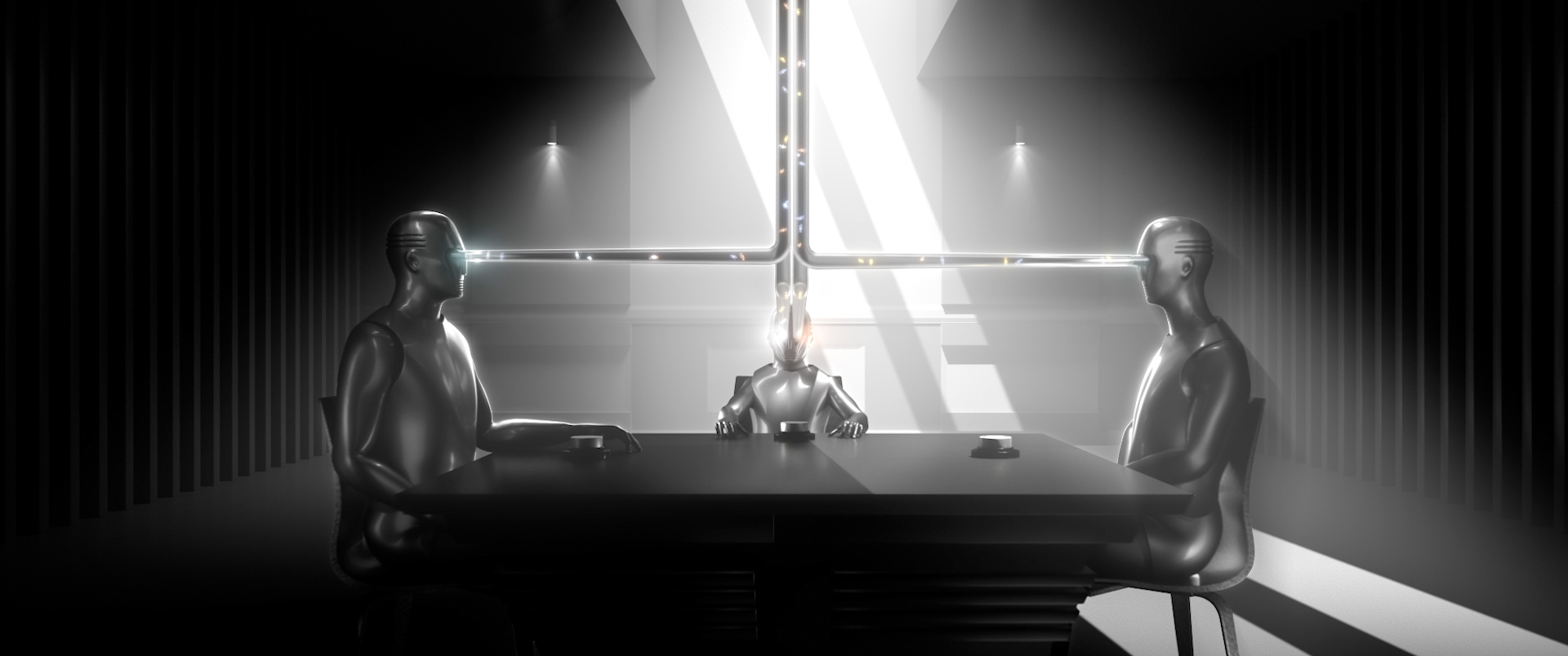 A scene of three robots sitting at a table with lasers coming out of their eyes.