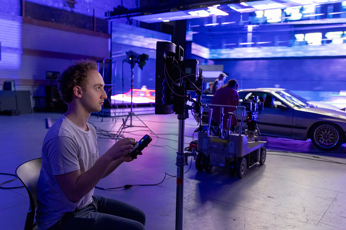 Max Schaefer works on a virtual production set at RIT.