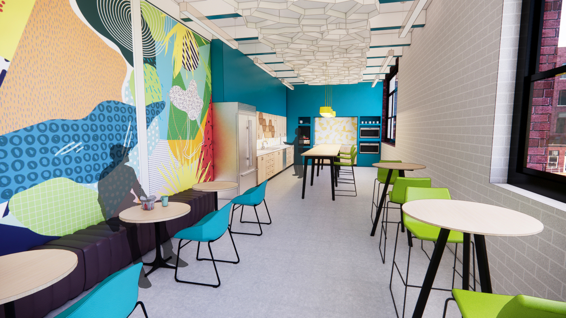 A break room design with a colorful, abstract design on the walls.