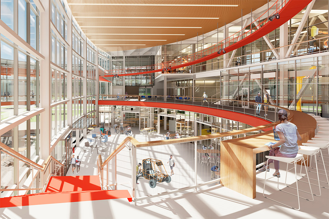 artist rendering of interior of multi-level glass building.