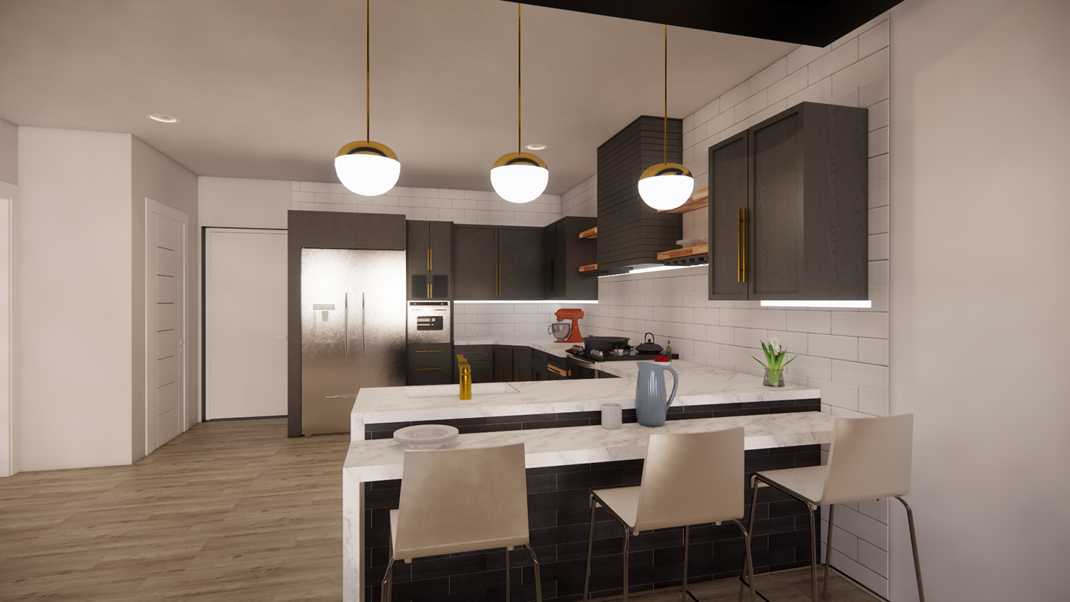 A back look at an open-concept kitchen design.