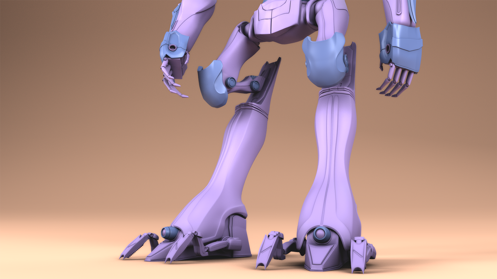 A close-up view of the lower half of a purple robot 3D design.