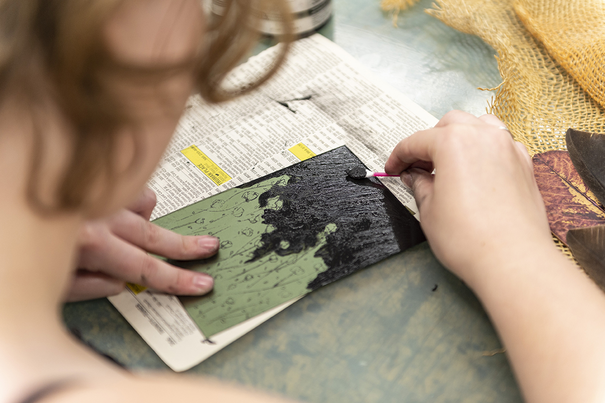 Student works in the printmaking studio