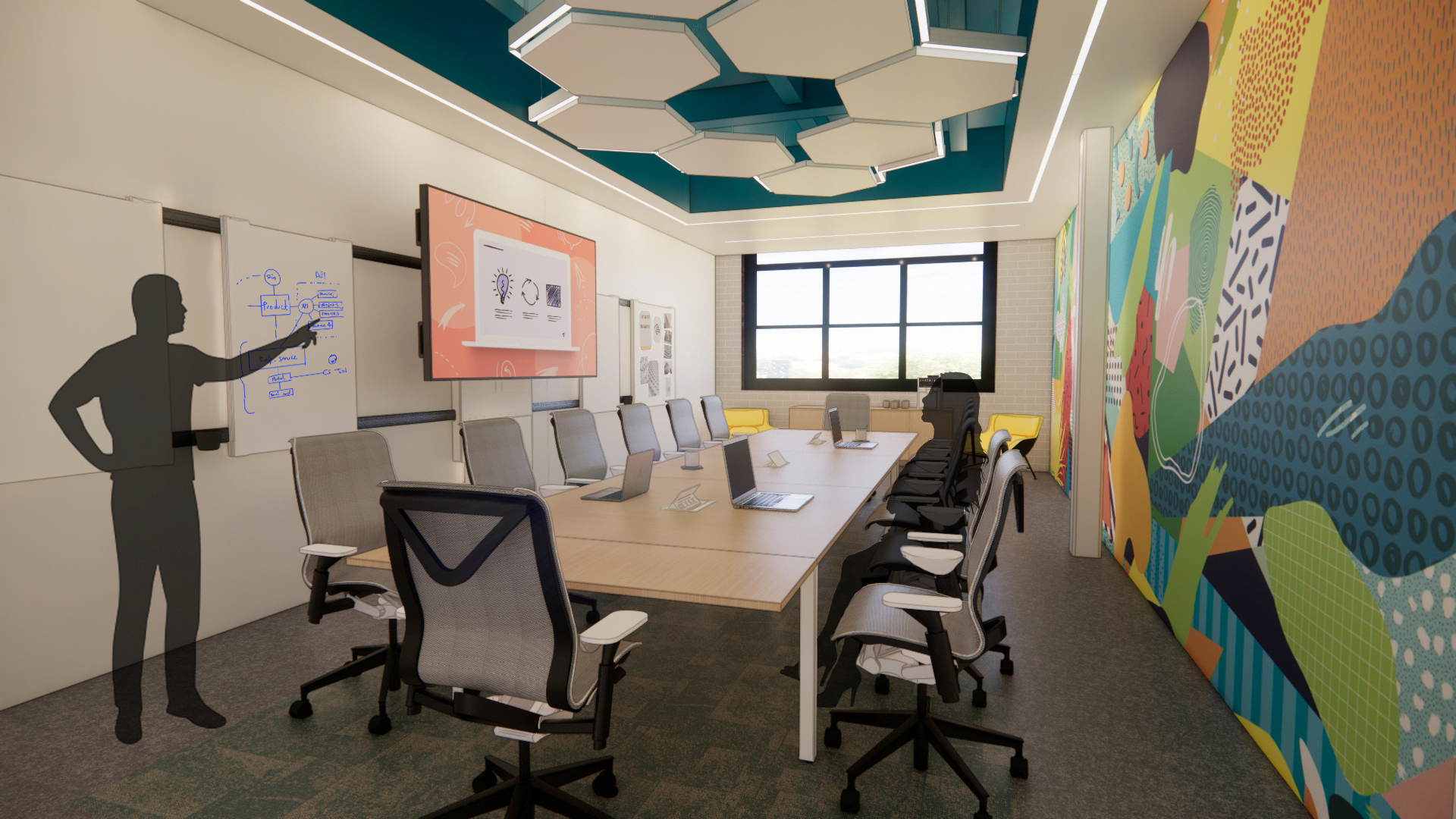 A rendering of a conference room with a mural on the wall.