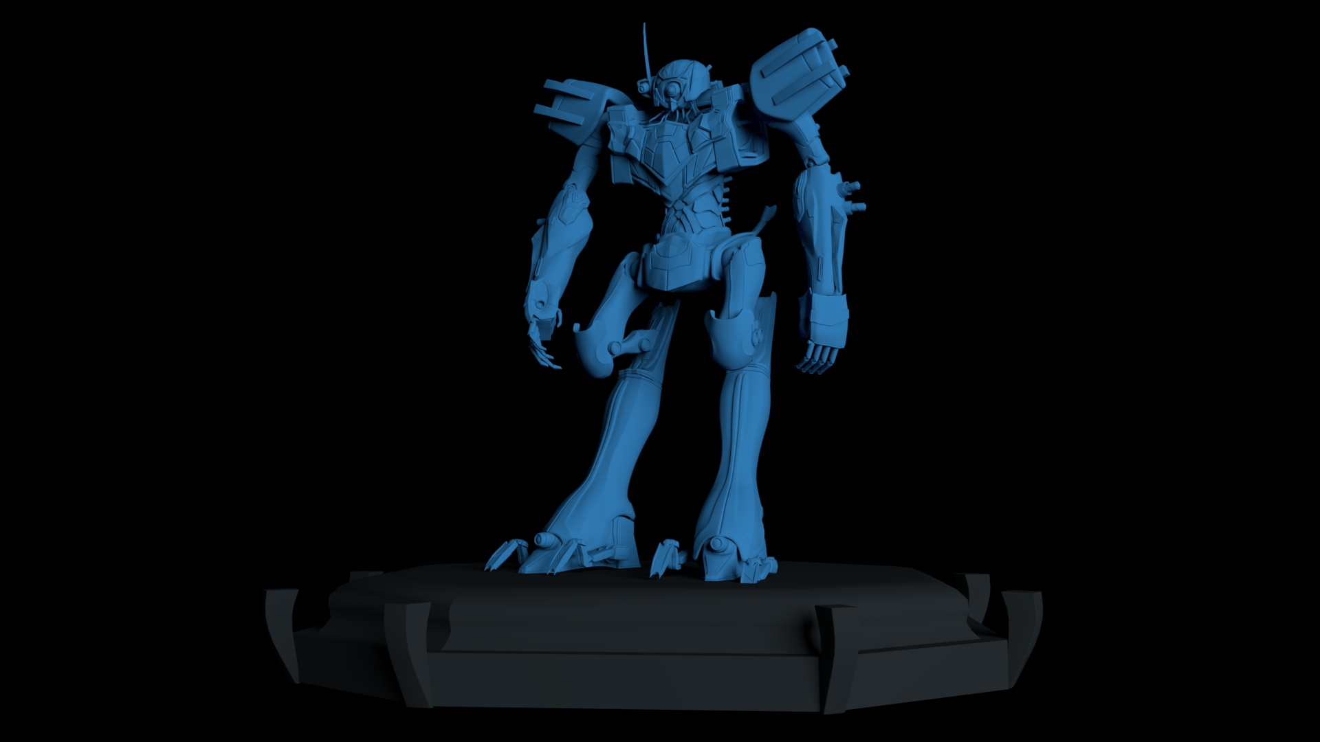 A 3D design of a blue robot set against a dark background.