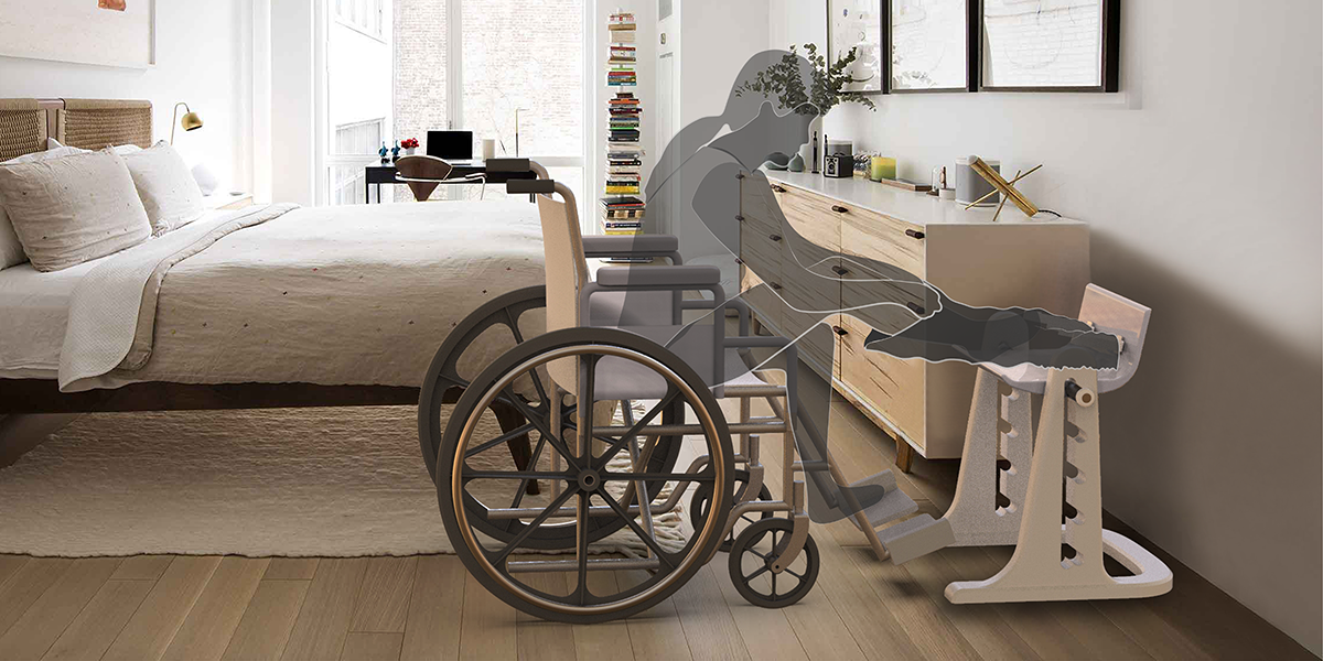 A rendering of a wheelchair user using an apparatus that assists with getting dressed.