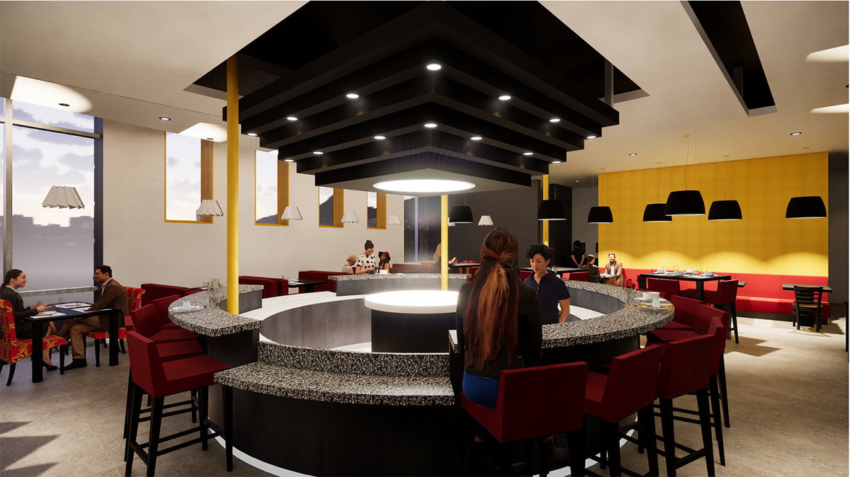 A design of a restaurant with a circular bar.