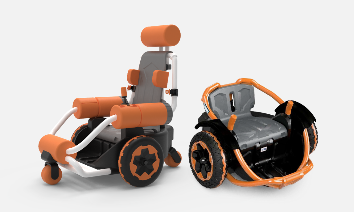 A rendering of a power wheelchair design.