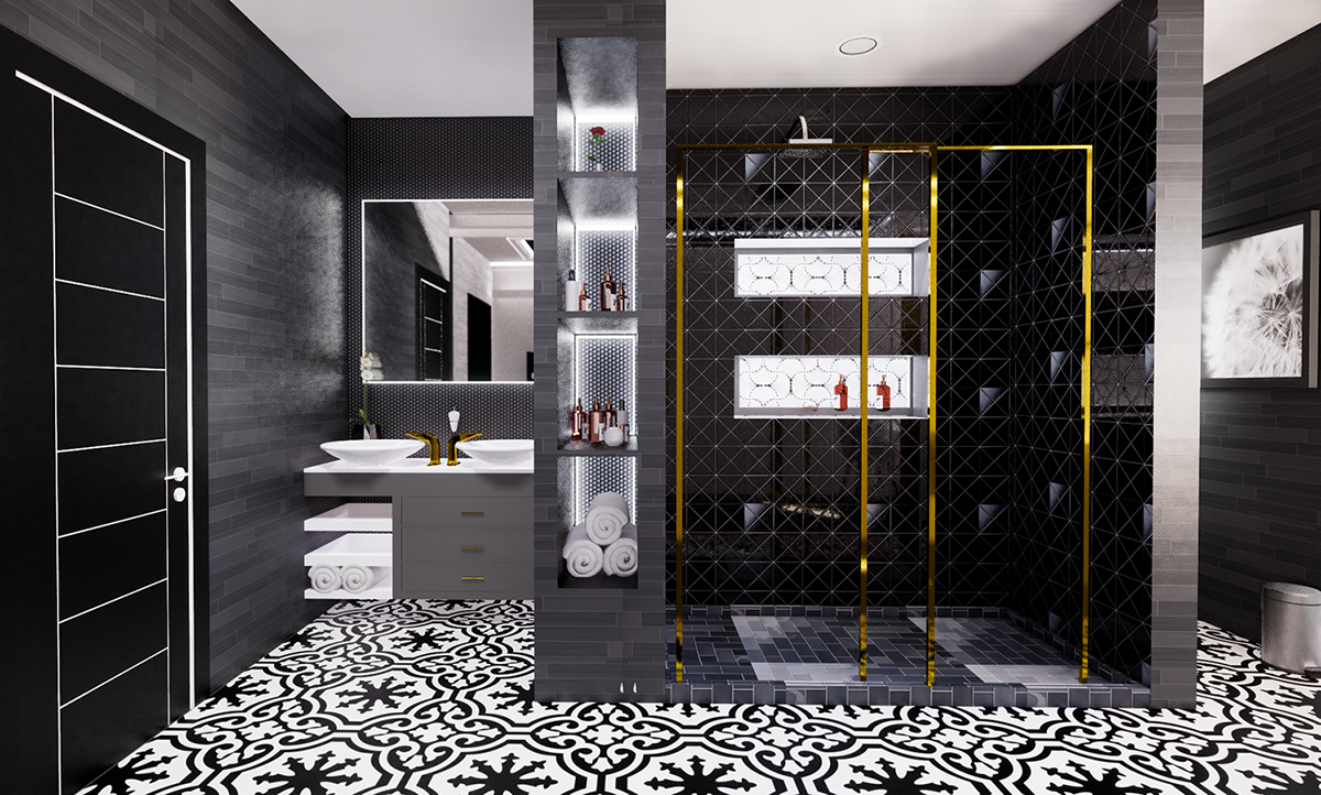 A rendering of a black, white and gray-themed bathroom with a shower and dual sink.
