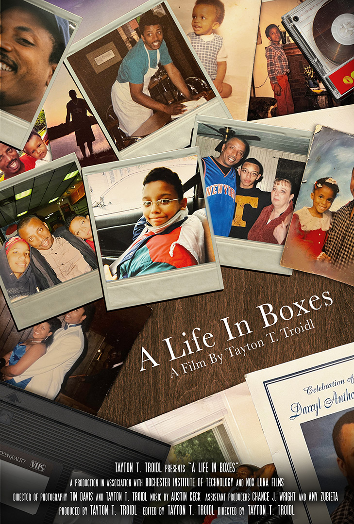 a poster for the film Life in Boxes, with images of Polaroid photos of a child and his family.