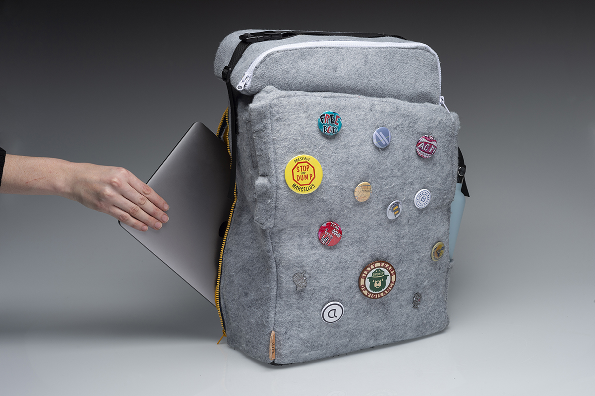 A textile design of a computer bag. 