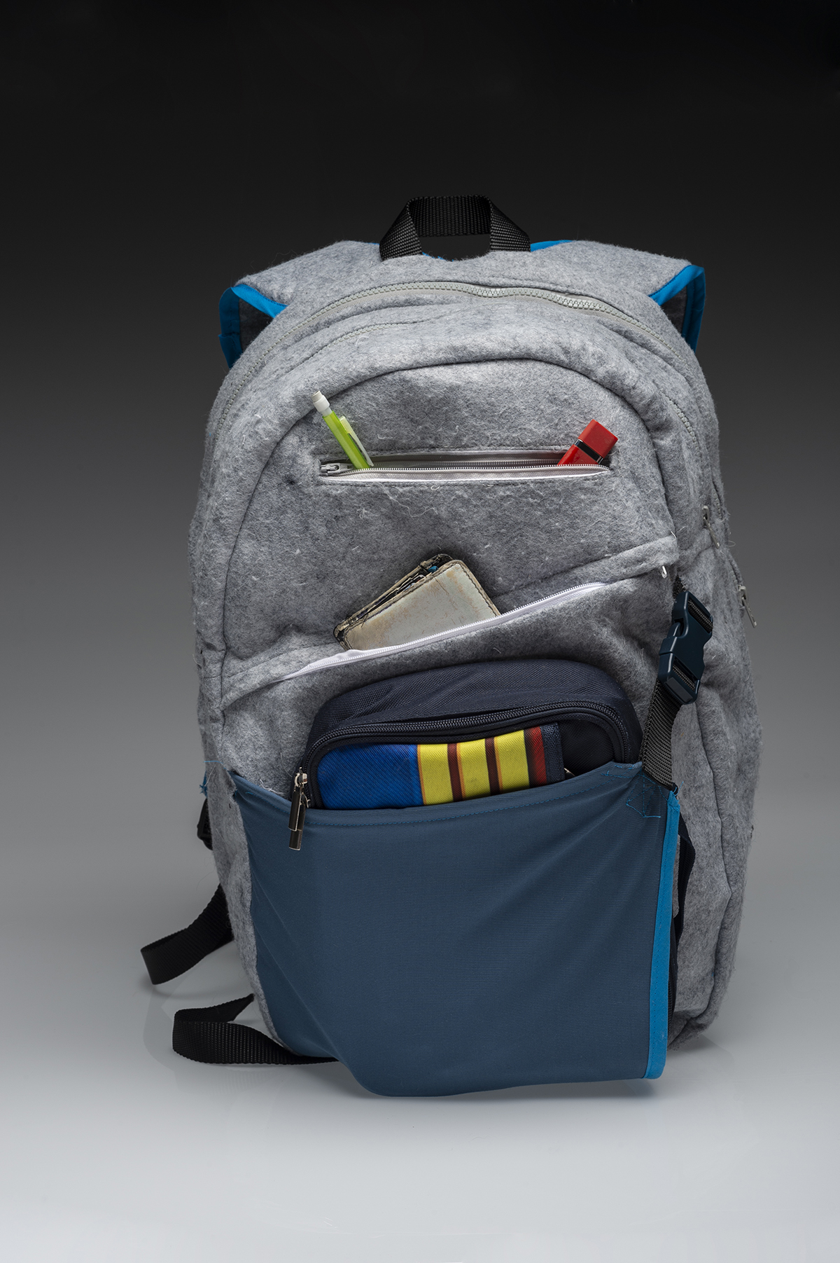 A grey and blue bag design.