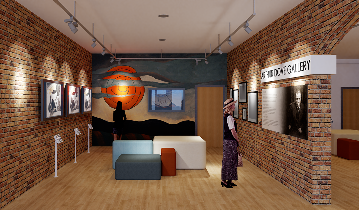 A rendering of a gallery space with art hanging on brick walls.