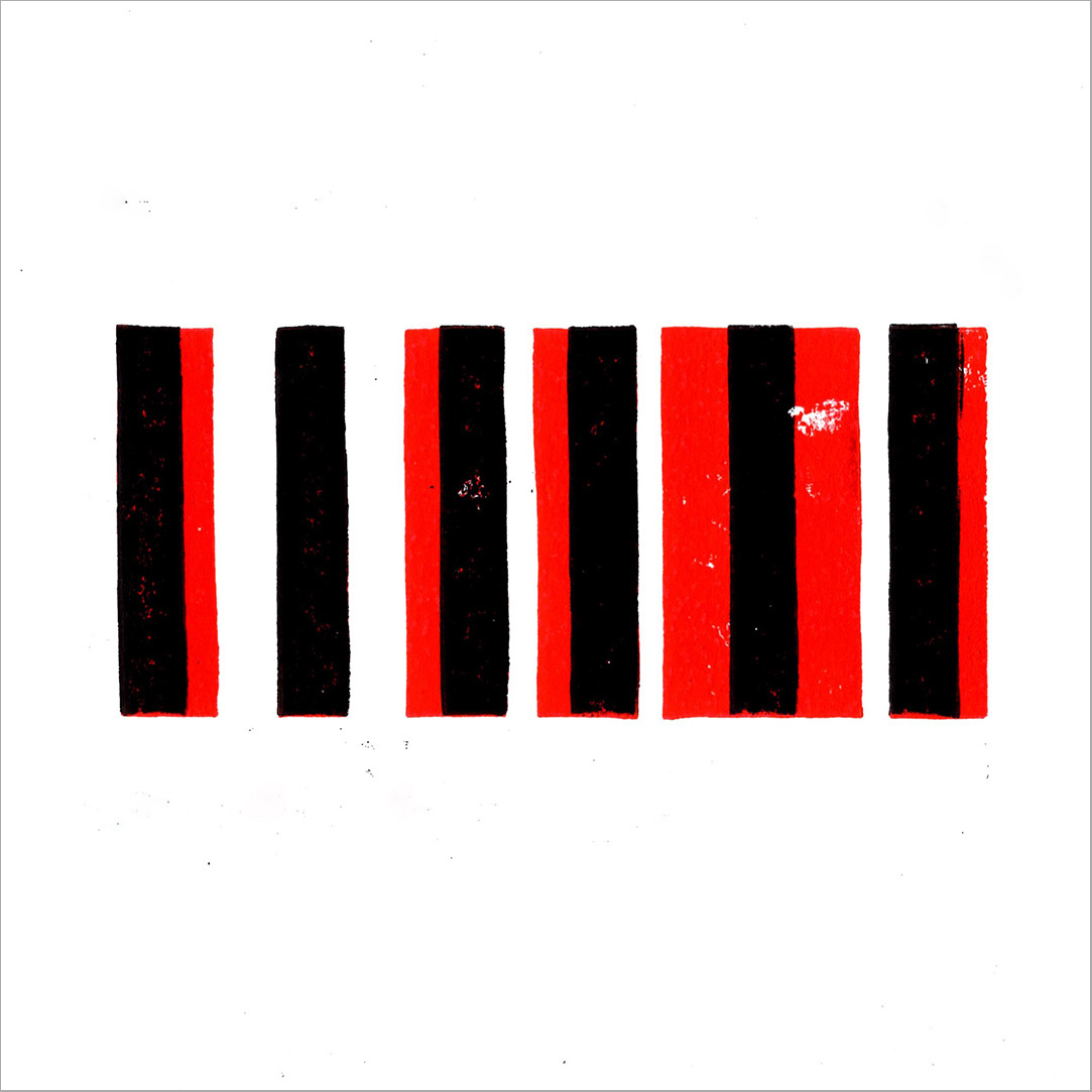 A print with alternating black, red and white vertical stripes.