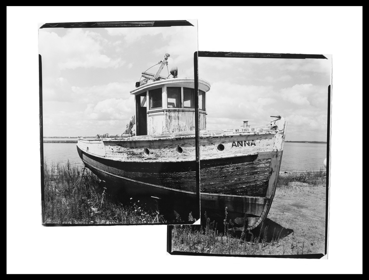 A diptych image of boat landing on water.