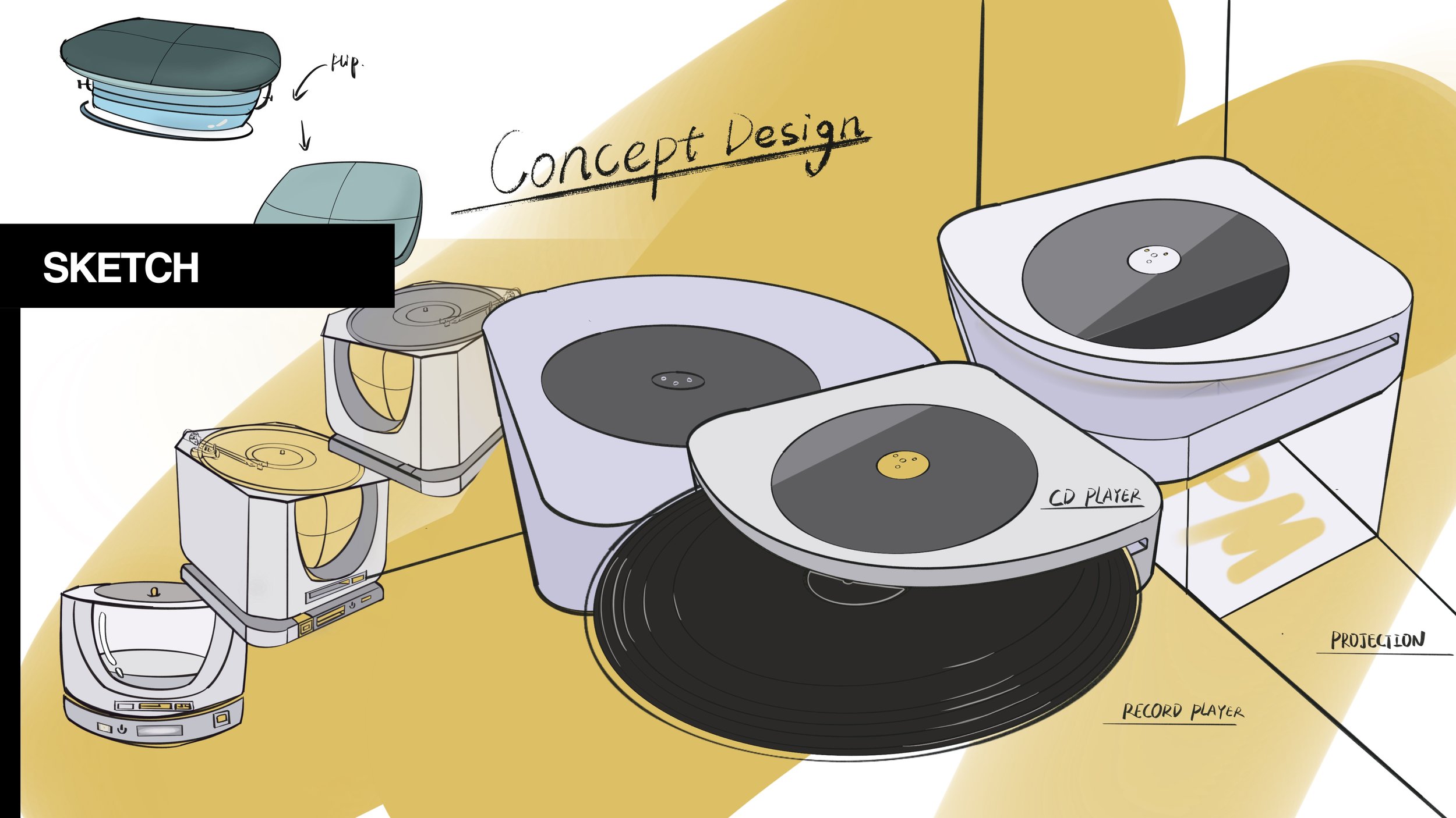 Sketches of CD and record players.