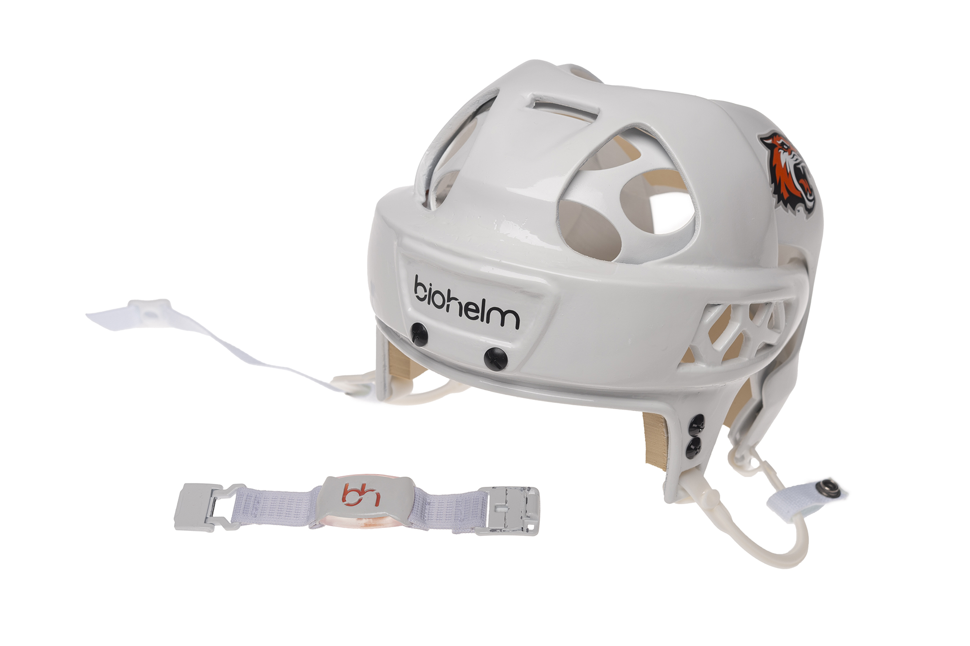A white hockey helmet with an RIT Tiger decal.