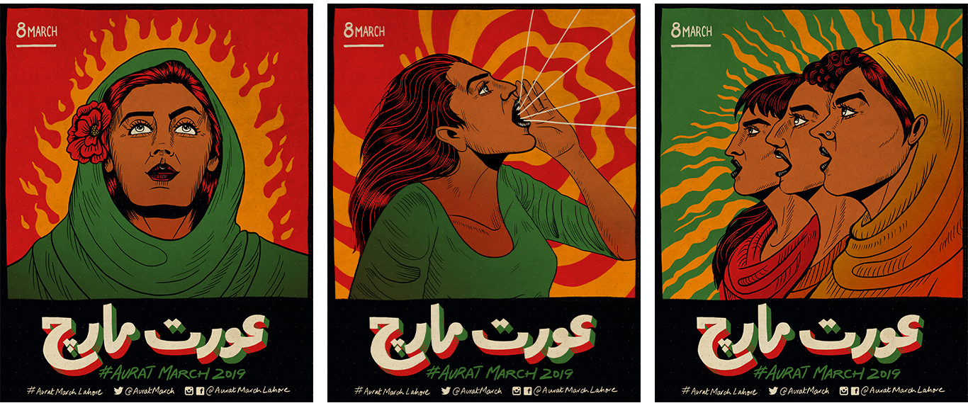 A triptych of three women's rights posters.