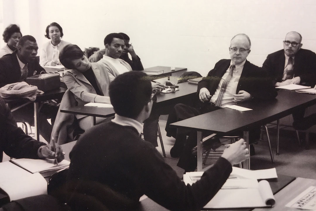 Photo from 1969 of students meeting with school administrators.