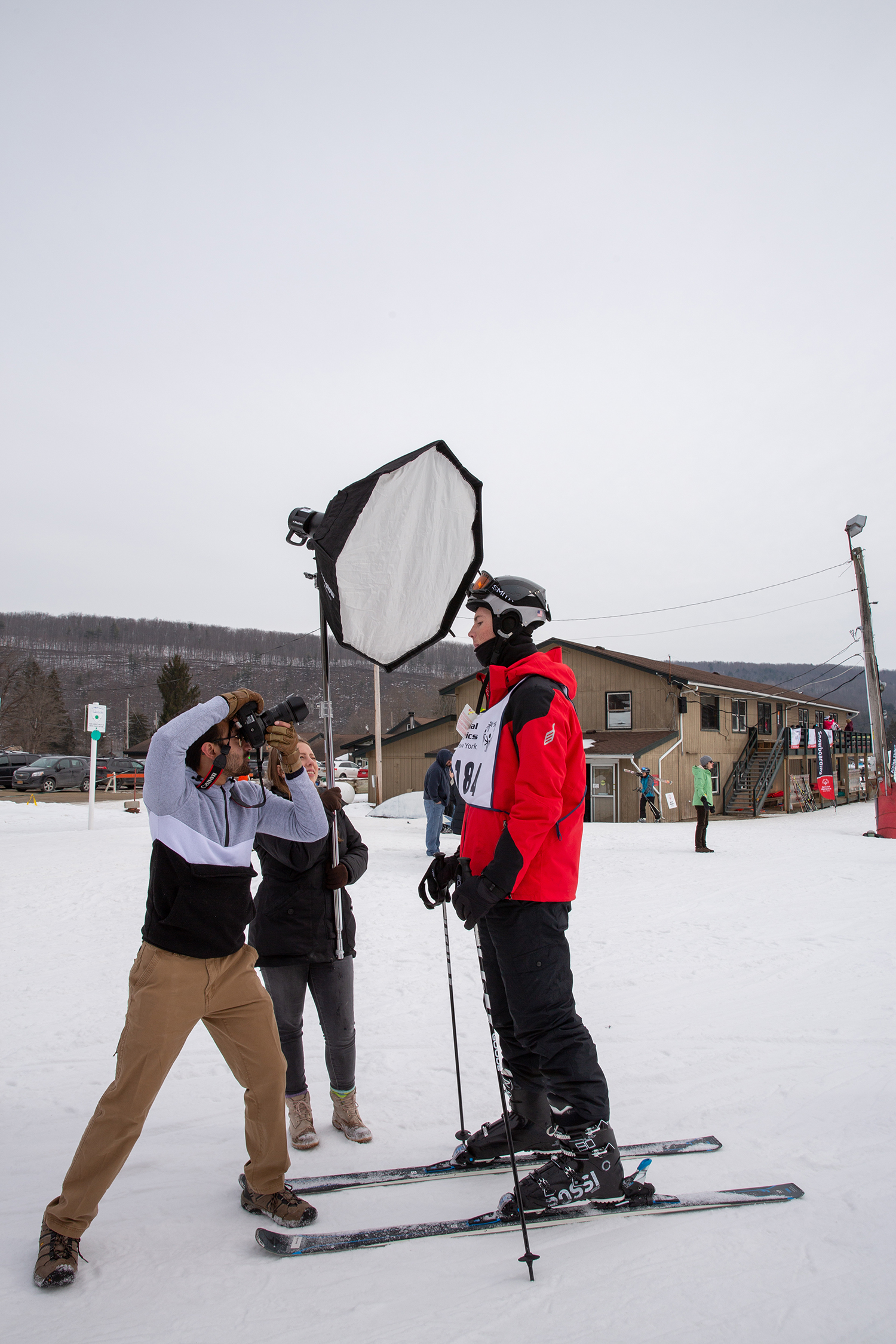 Students take a portrait on the ski slopes