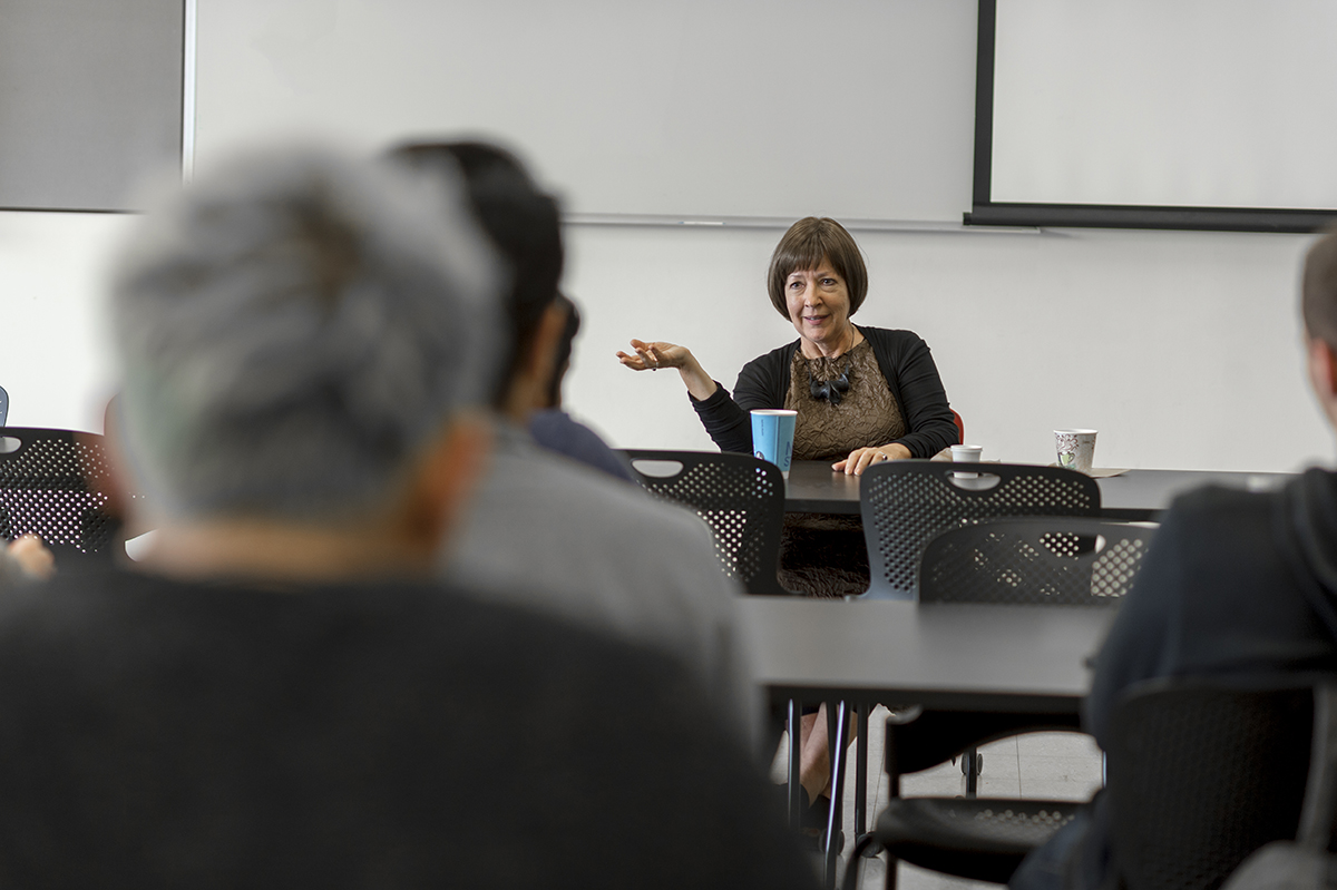 Patricia Moore speaks with industrial design and engineering students who partook in the 2018 Studio 930 Design Consultancy 